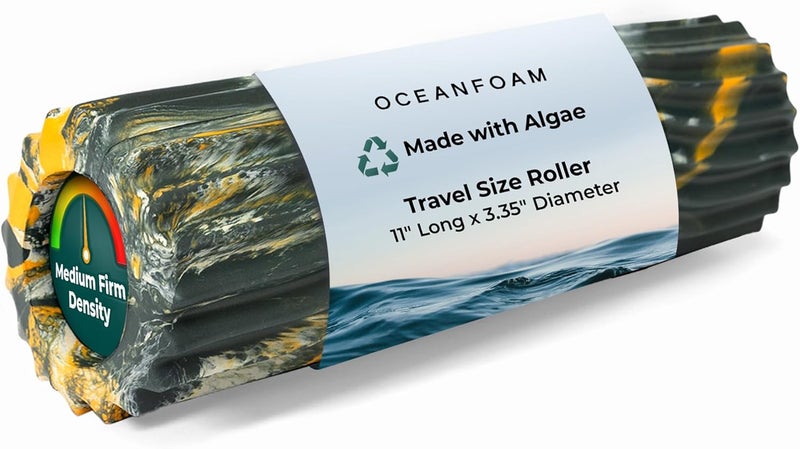 Oceanfoam Ripple Travel Foam Roller (11" x 3.35") Firm Mini Foam Roller for Physical Therapy, Deep Tissue Massage, Back Pain - High Density, Wave Textured - Yoga (Hunter, Gold & Natural Marbled) - Image 1